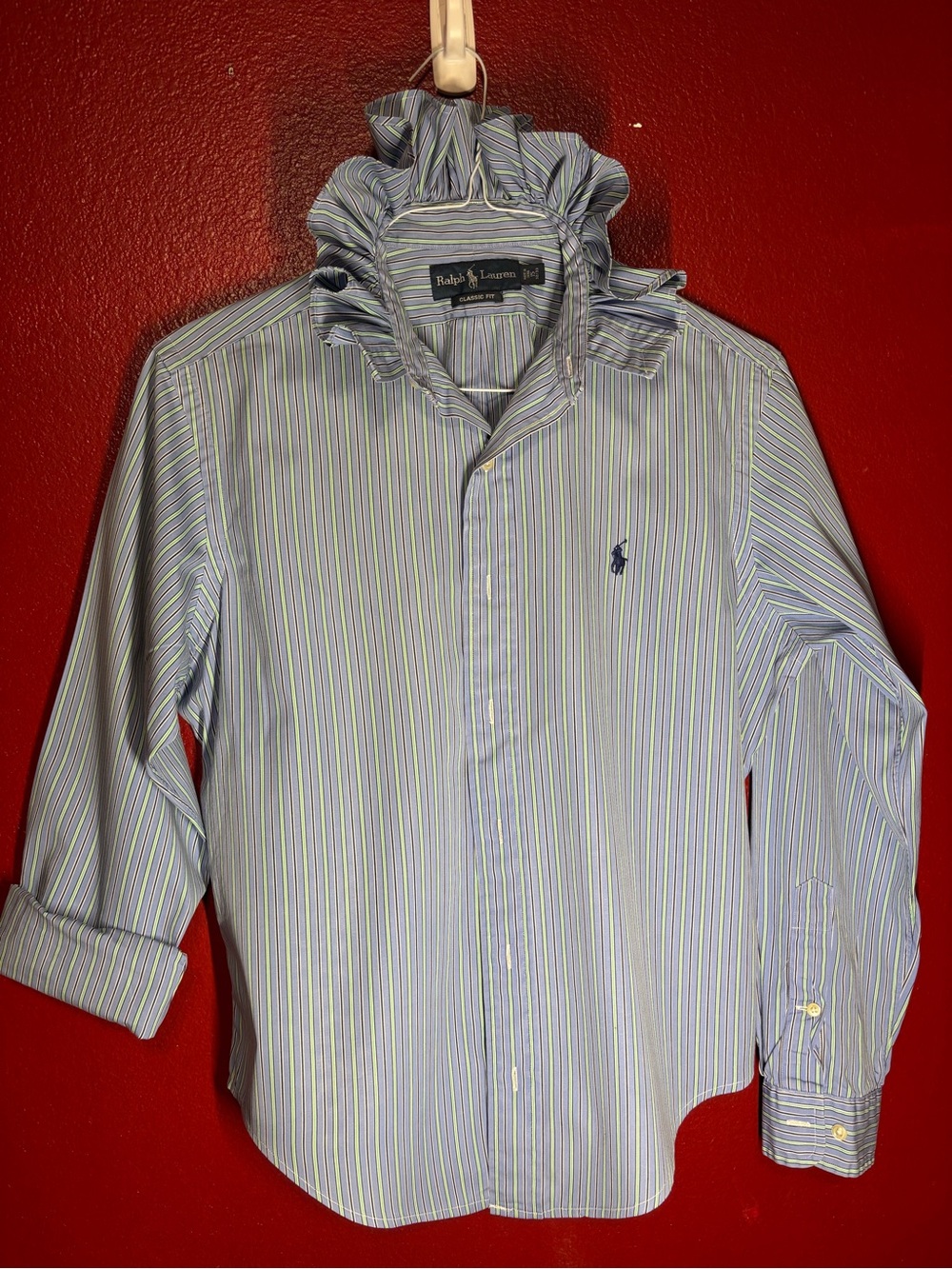 Upcycled/Reloved Ralph Lauren Light Blue and Green Striped Shirt